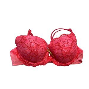 Victoria's Secret Pink Lace Balconette Bra 34B Strappy Detail Floral Gold Accent